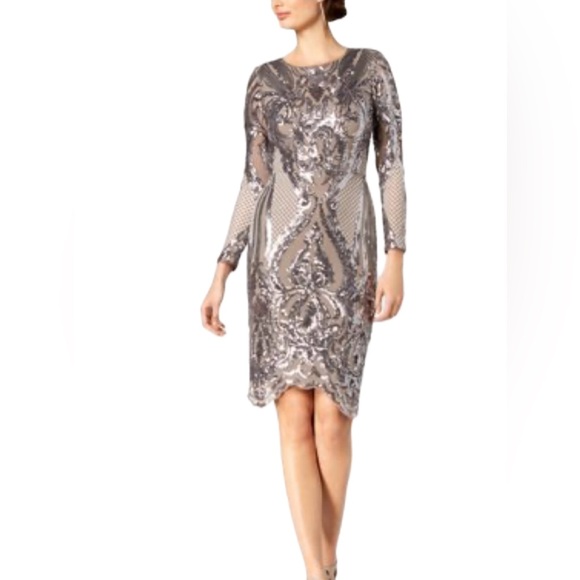 Betsy & Adam EUC Size 14 Sequined Taupe Gray Cocktail Formal Party Dress (0481) - Picture 9 of 11